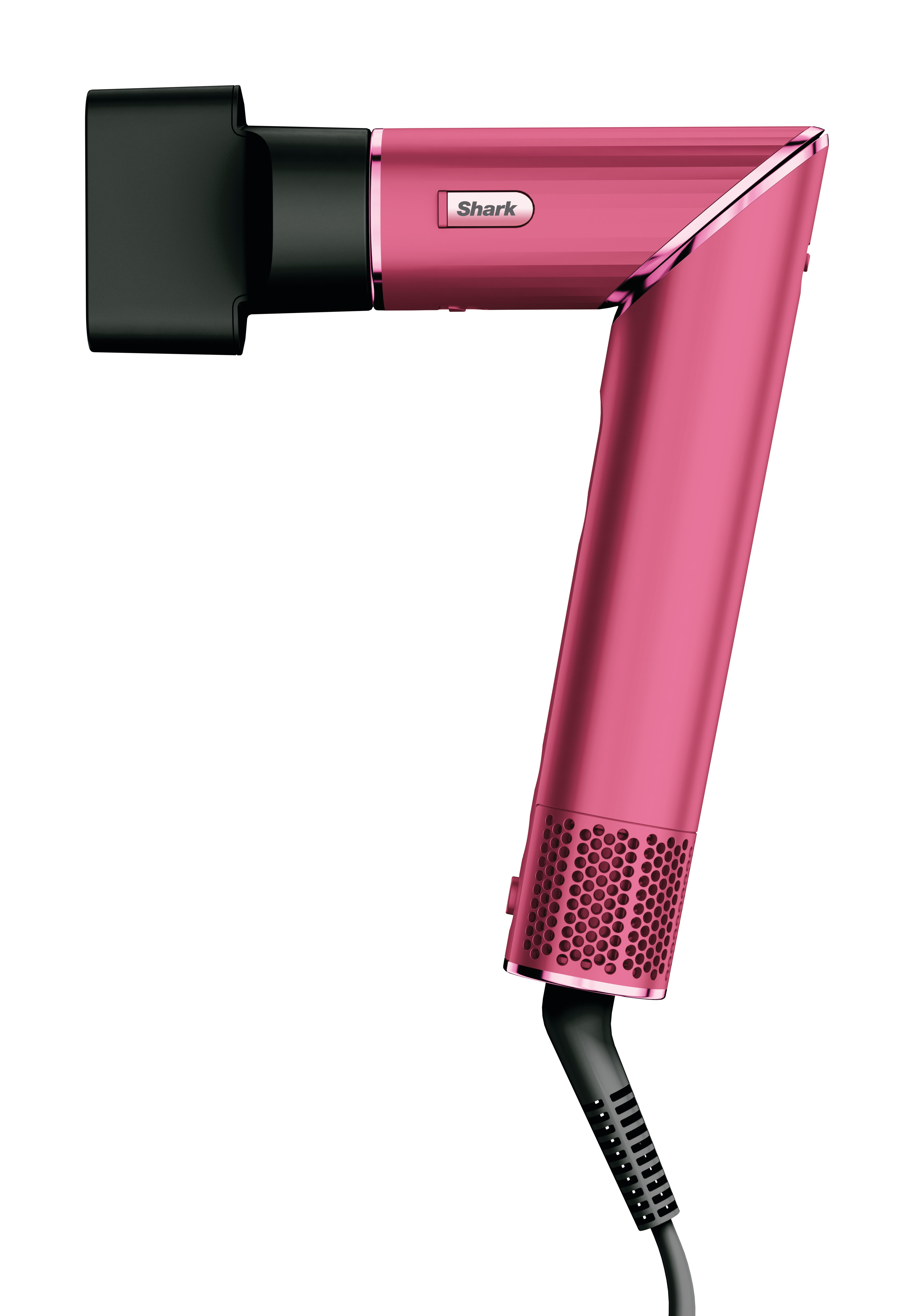 Siyah ağızlık ve siyah kordonlu pembe bir saç kurutma makinesi.