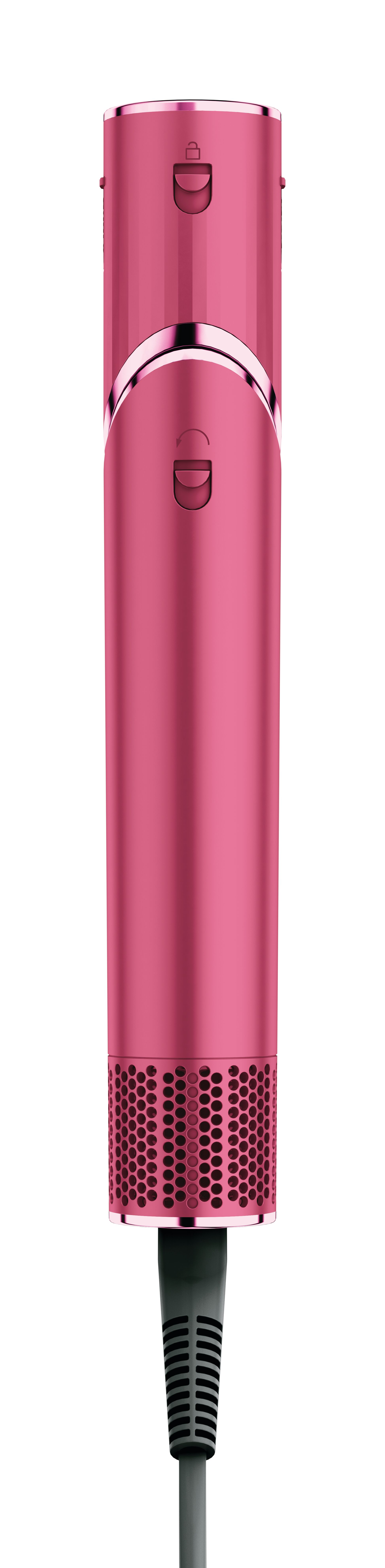 Uzun bir kabloya sahip pembe bir saç şekillendirme aracı. Üstünde düğmeleri ve bir nozül var.