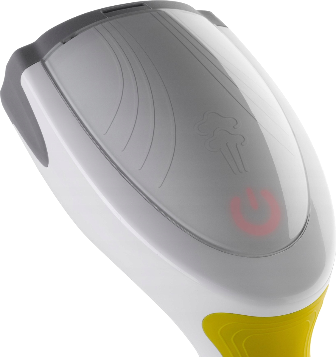 Biała i żółta ręczna parownica z przyciskiem zasilania.