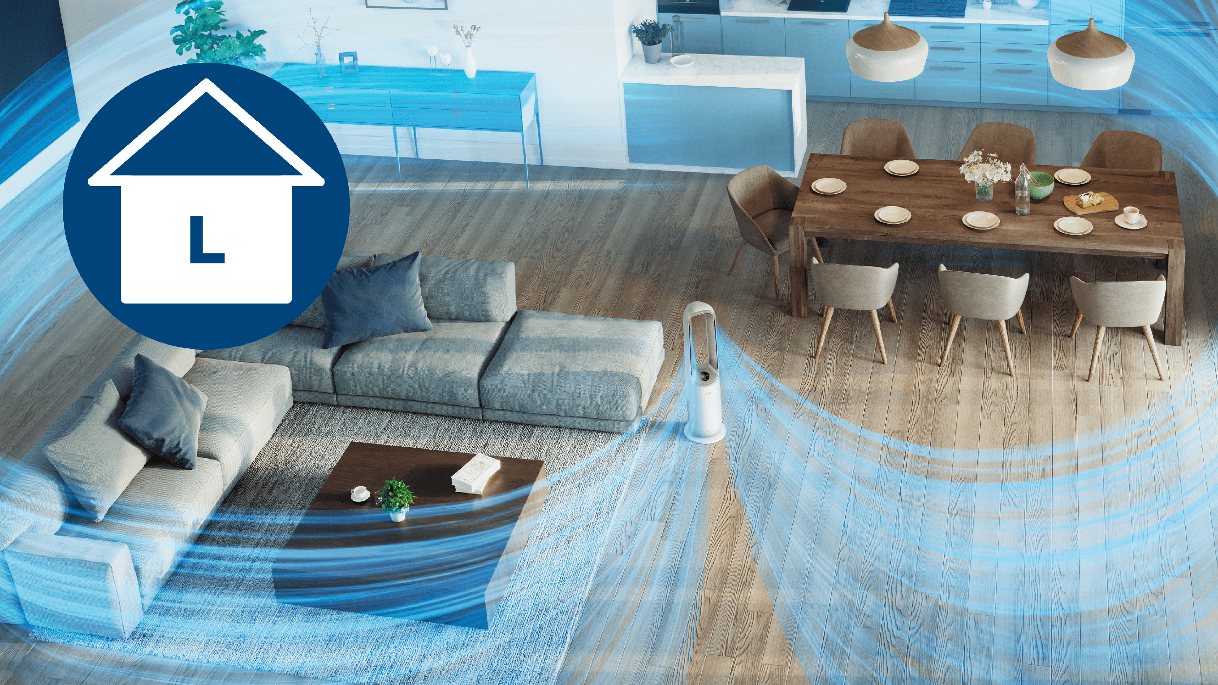 Egy modern nappali ventilátorral, bútorokkal és egy ház alakú logóval.