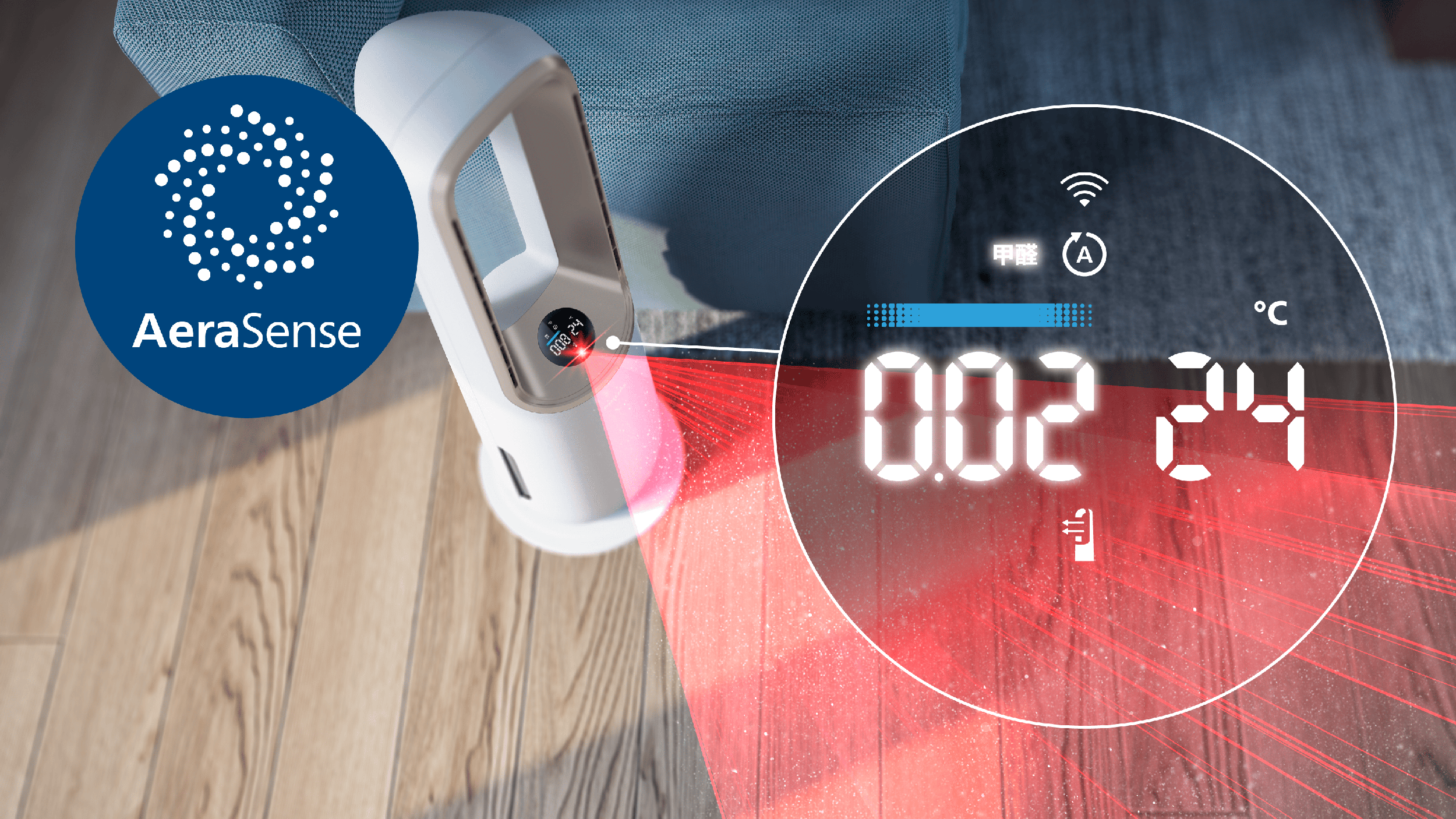 AeraSense levegőminőség-monitor digitális kijelzővel, 002 és 24-et mutat, piros fénysugárral.
