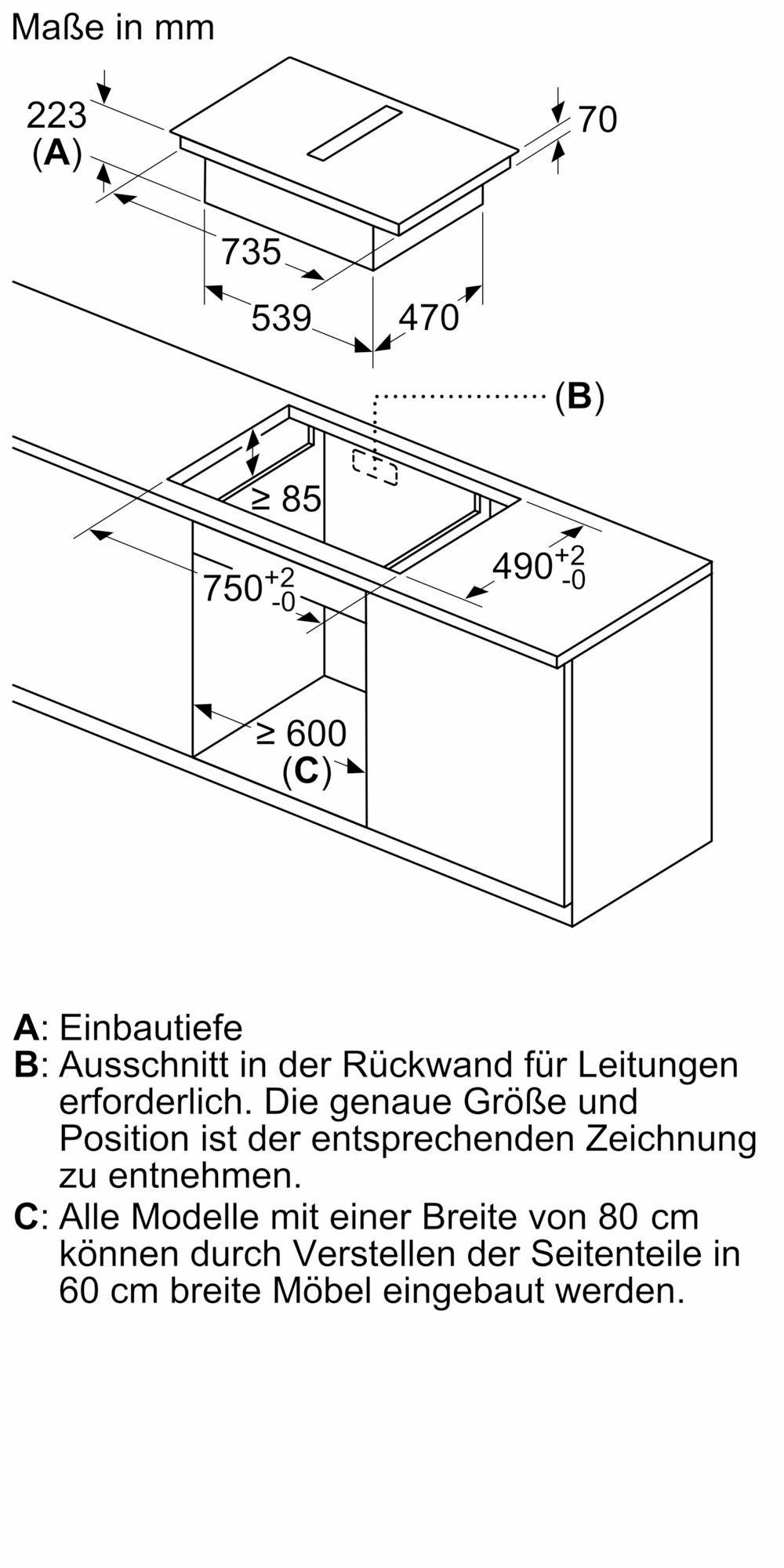 Diagramm zeigt ein Küchenkochfeld mit Maßangaben und Ausschnittanweisungen für die Installation.