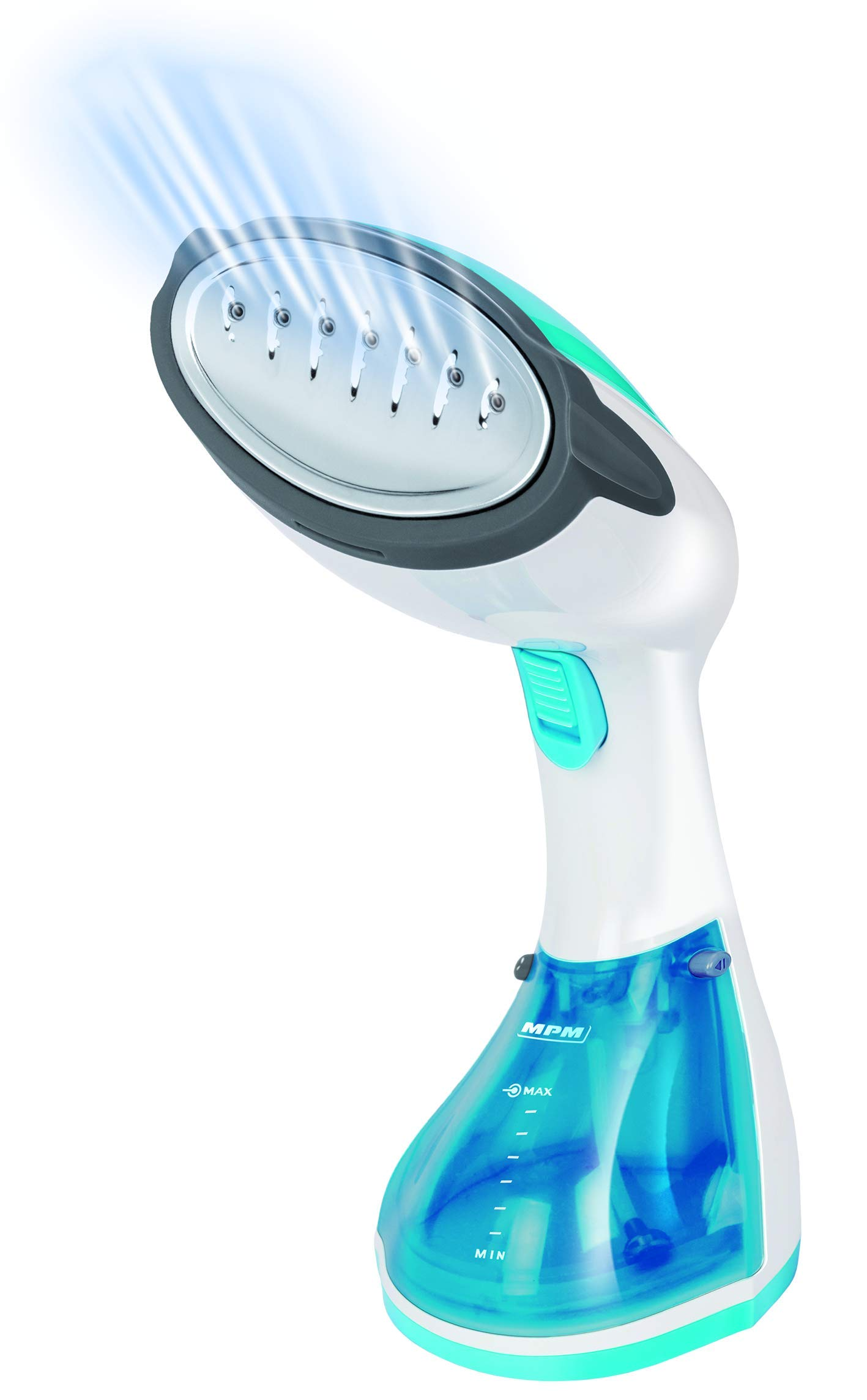 Biała i turkusowa parownica do ubrań ze zbiornikiem na wodę i dyszą parową skierowaną do góry.