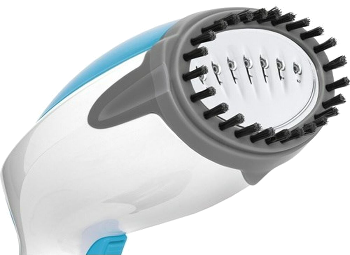 Biało-niebieski ręczny parowiec z główką szczotkową, widok z boku, na białym tle.