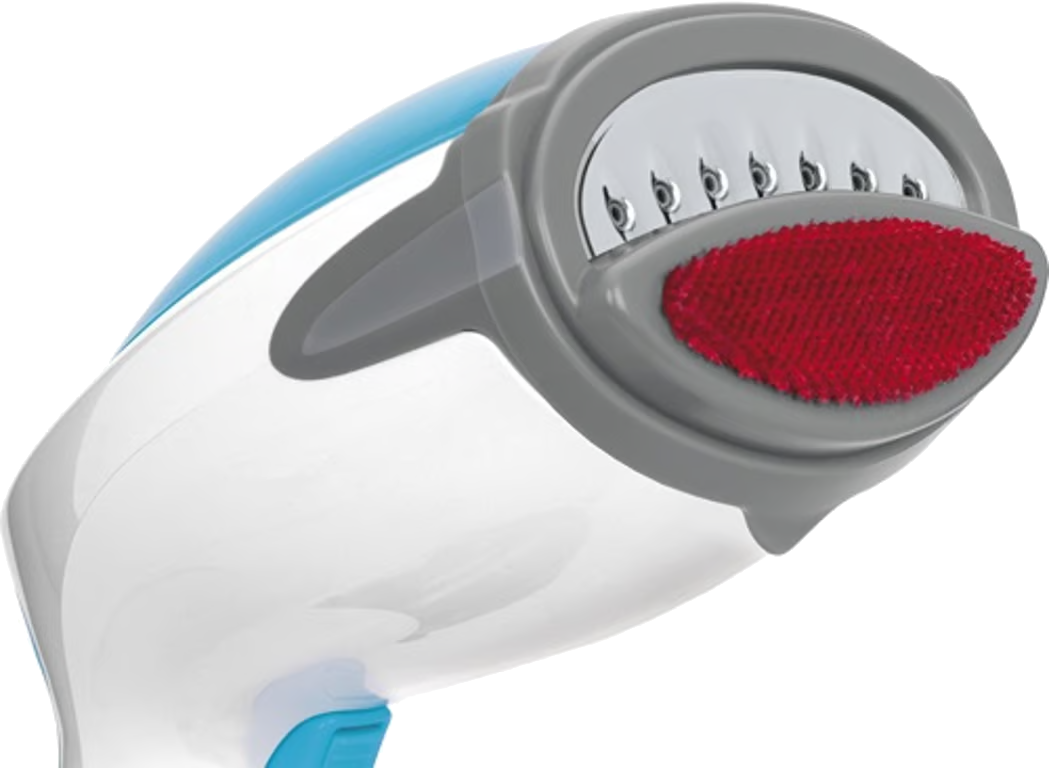 Zbliżenie białej i niebieskiej parownicy do odzieży z czerwoną szczotką.