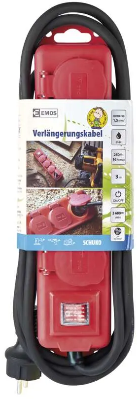 Piros hosszabbító több aljzattal, kapcsolóval és dugóval, fehér háttér előtt.