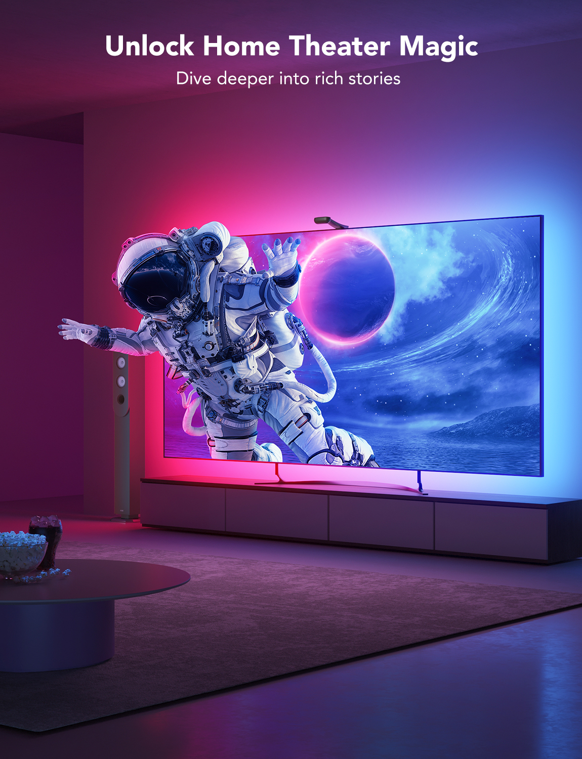 Ein Raum mit großem Fernseher, Astronautenbild auf dem Bildschirm und farbenfroher Beleuchtung.