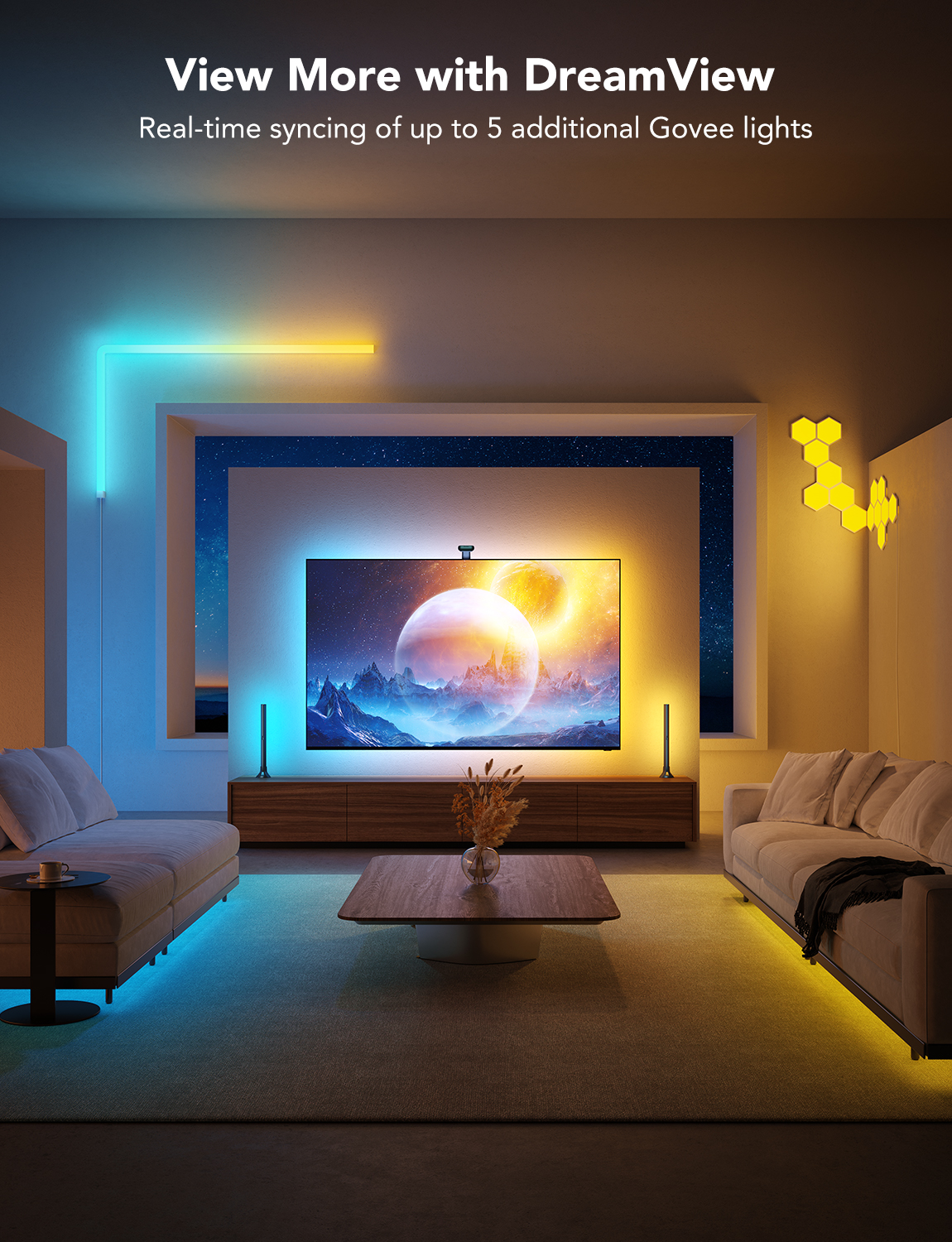 Wohnzimmer mit Fernseher und LED-Leuchten.