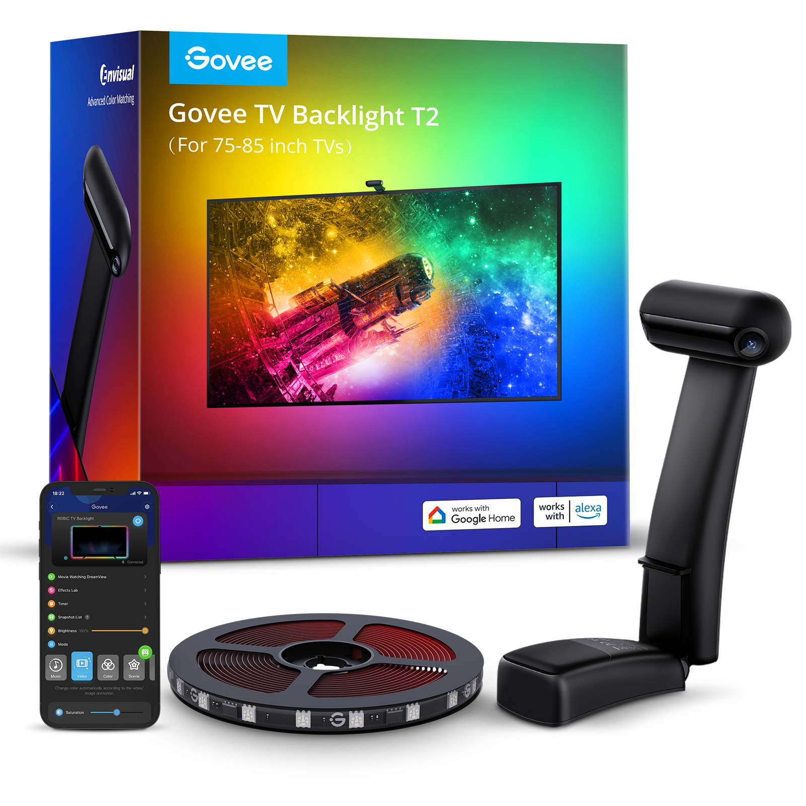 Govee TV-Hintergrundbeleuchtungsset, einschließlich Lichtleiste und Kamera, mit TV-Box und Telefon mit App.
