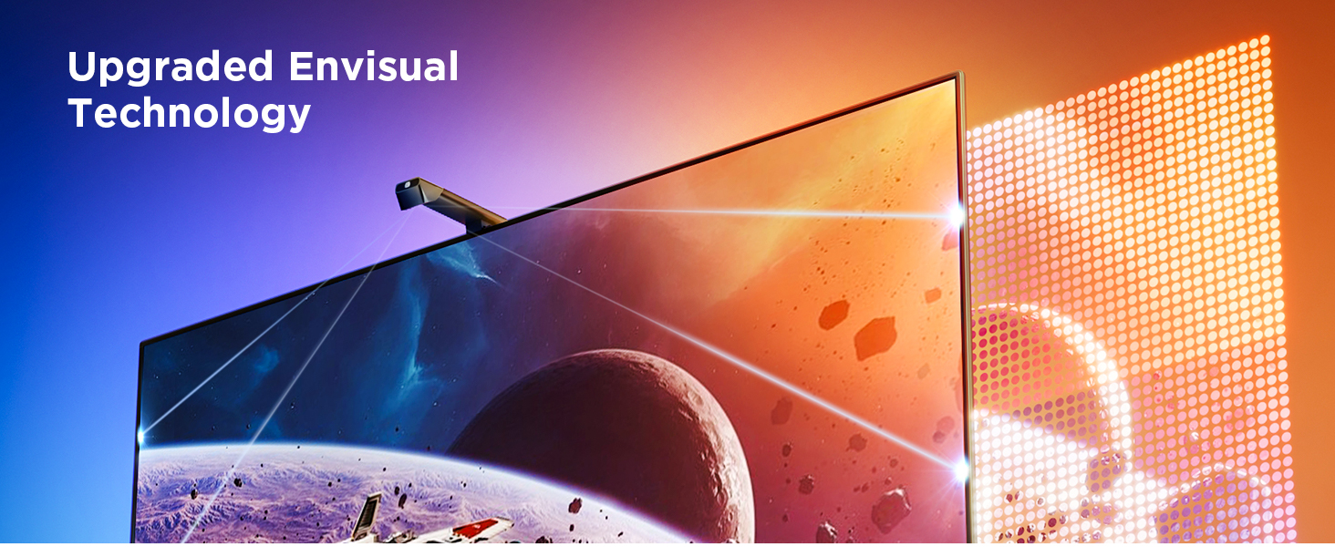 Das Bild zeigt einen Monitor mit Planeten- und Weltraumszene mit Linien.