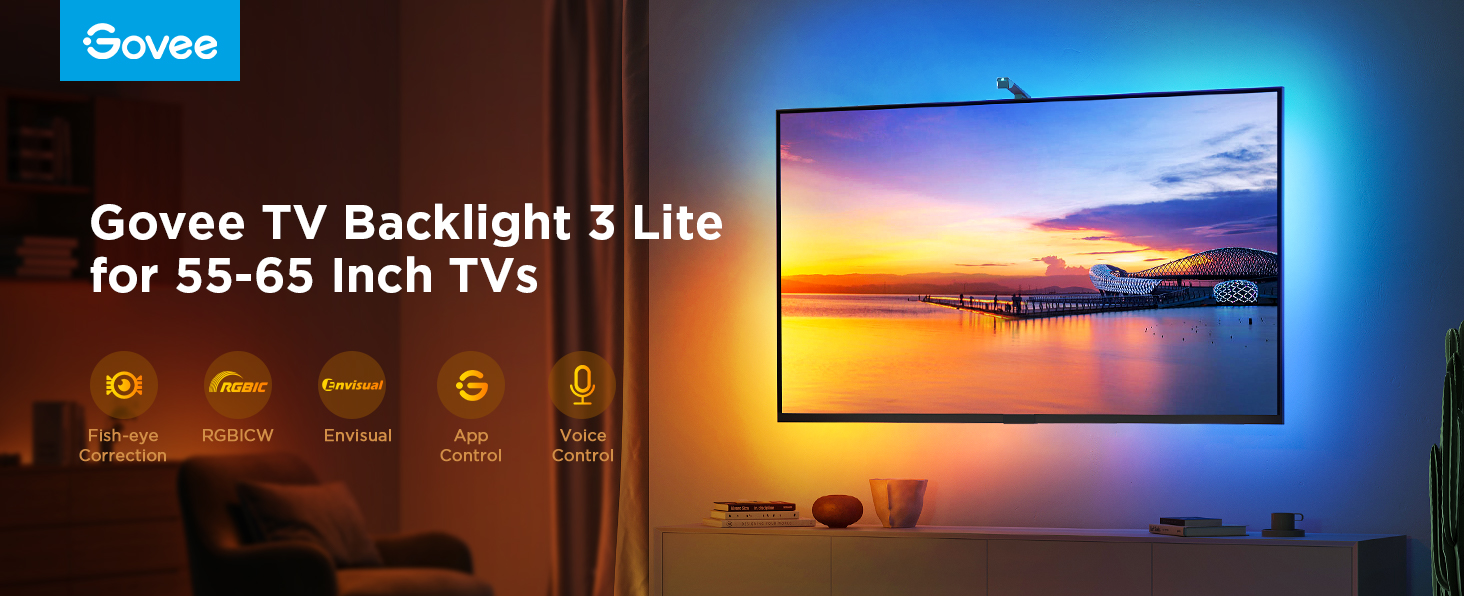Ein Fernsehbildschirm mit Govee TV Backlight 3 Lite Branding, das eine farbenfrohe Lichtinstallation zeigt.
