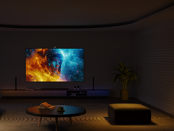 Ein modernes Wohnzimmer mit großem Fernseher, dunklen Tönen und dezenter Beleuchtung.