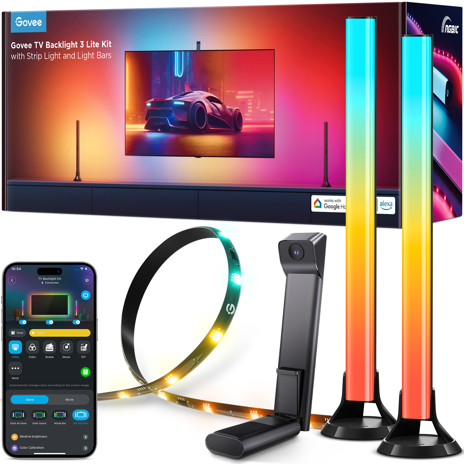 Ein Produkt-Kit mit Lichtleisten, einer Steuereinheit und einer Smartphone-App-Oberfläche mit Farbauswahl.