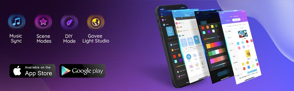 Ein Smartphone mit App-Screenshots, die Musiksynchronisation, Szenenmodi, DIY-Modus und Govee Light Studio zeigen.
