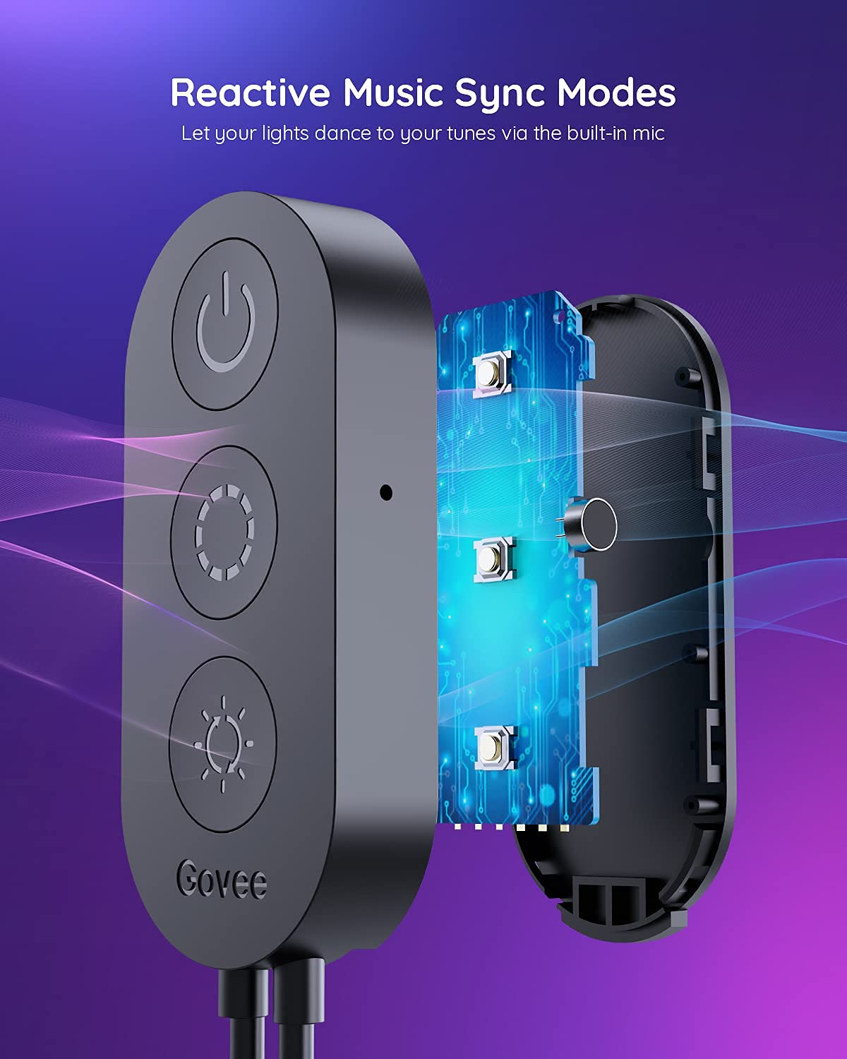 Ein schwarzer Controller mit drei Tasten und einem Govee-Logo, dessen interne Komponenten freigelegt sind.