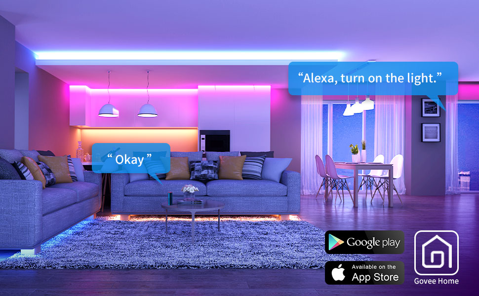 Modernes Wohnzimmer mit intelligenter Lichtsteuerung. Sprechblasen zeigen Sprachbefehle.