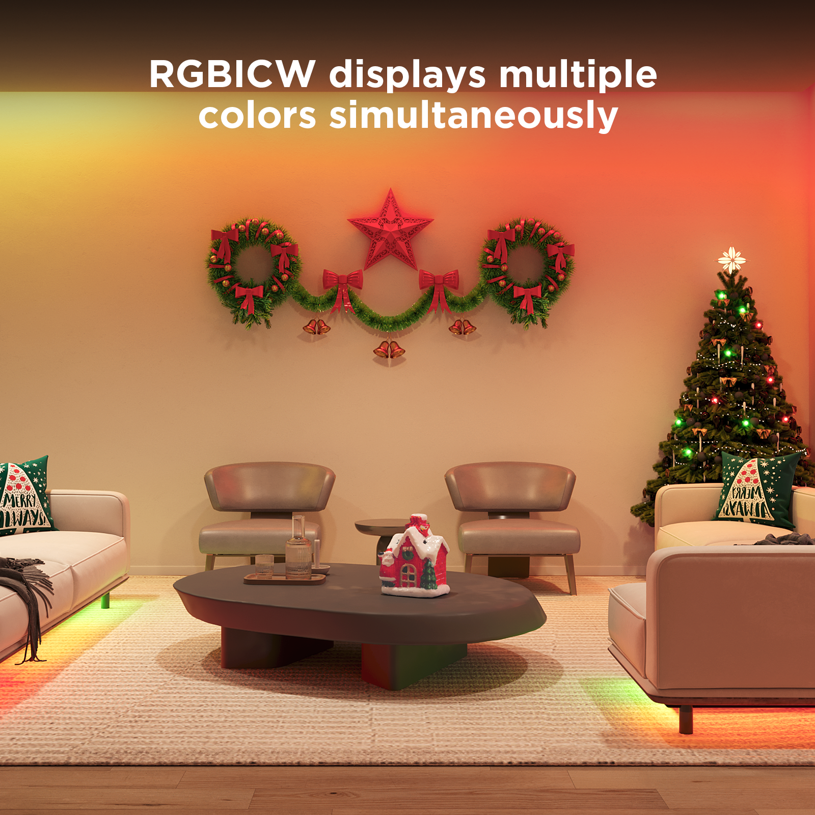 Wohnzimmer mit Weihnachtsdekorationen und bunten Lichtern, Text: RGBICW zeigt mehrere Farben gleichzeitig.
