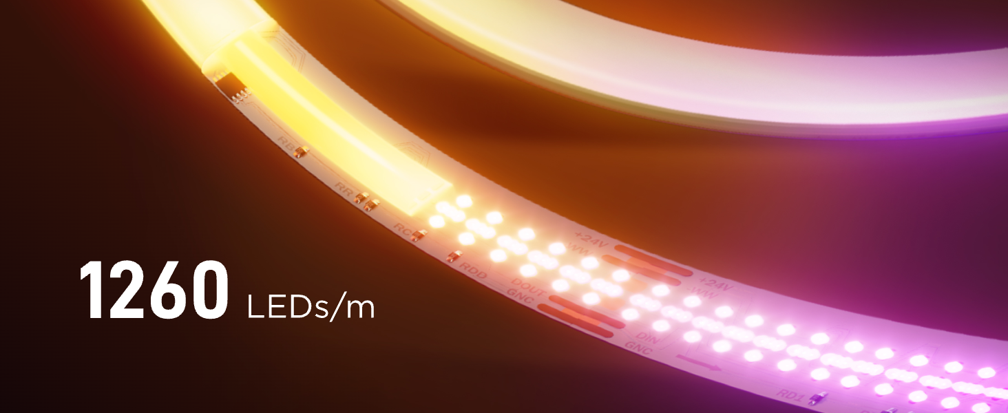 Nahaufnahme eines flexiblen LED-Streifens mit 1260 LEDs pro Meter, der hell leuchtet.