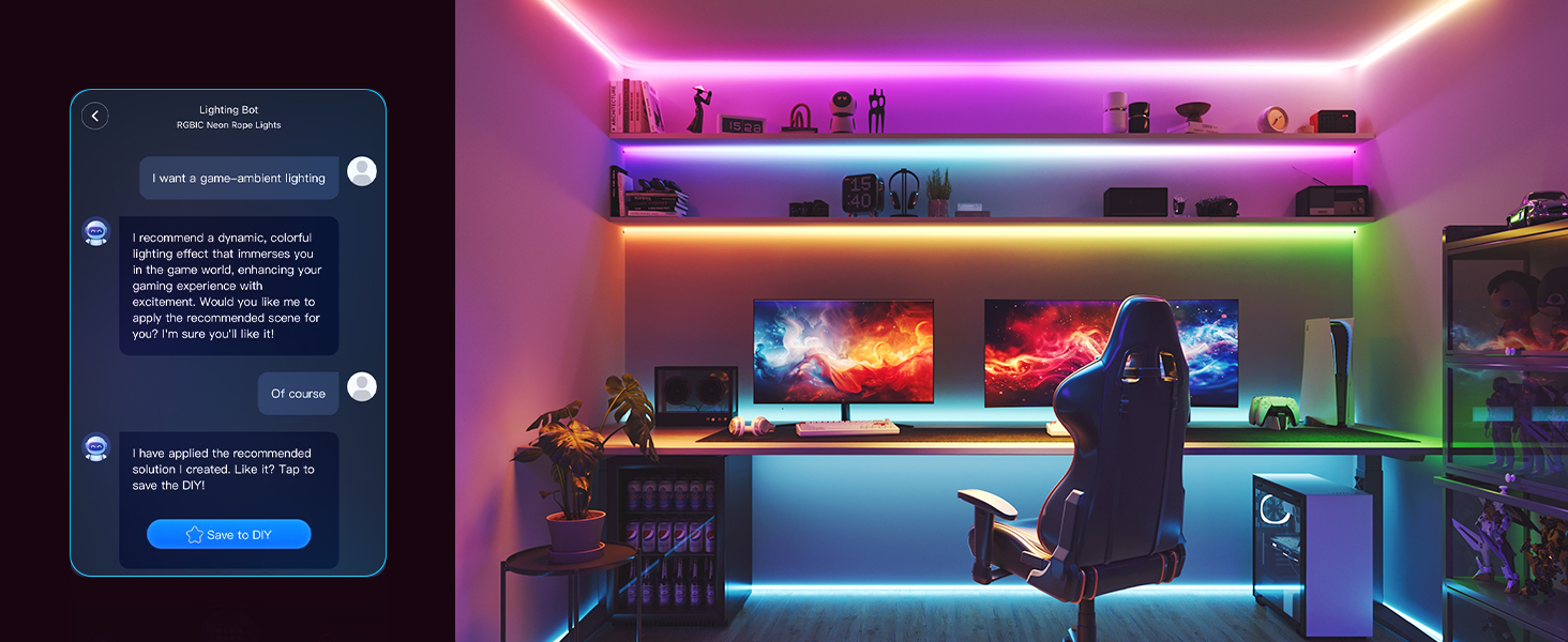 Ein Gaming-Setup mit Monitor, Umgebungslicht und Chat-Oberfläche links. Eine DIY-Speicheroption wird angezeigt.