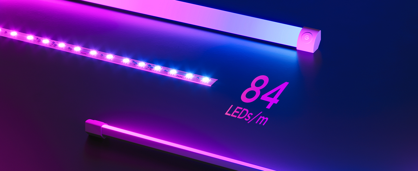 Drei LED-Lichtleisten und eine Textüberlagerung mit dem Text '84 LEDs/m' auf schwarzem Hintergrund.