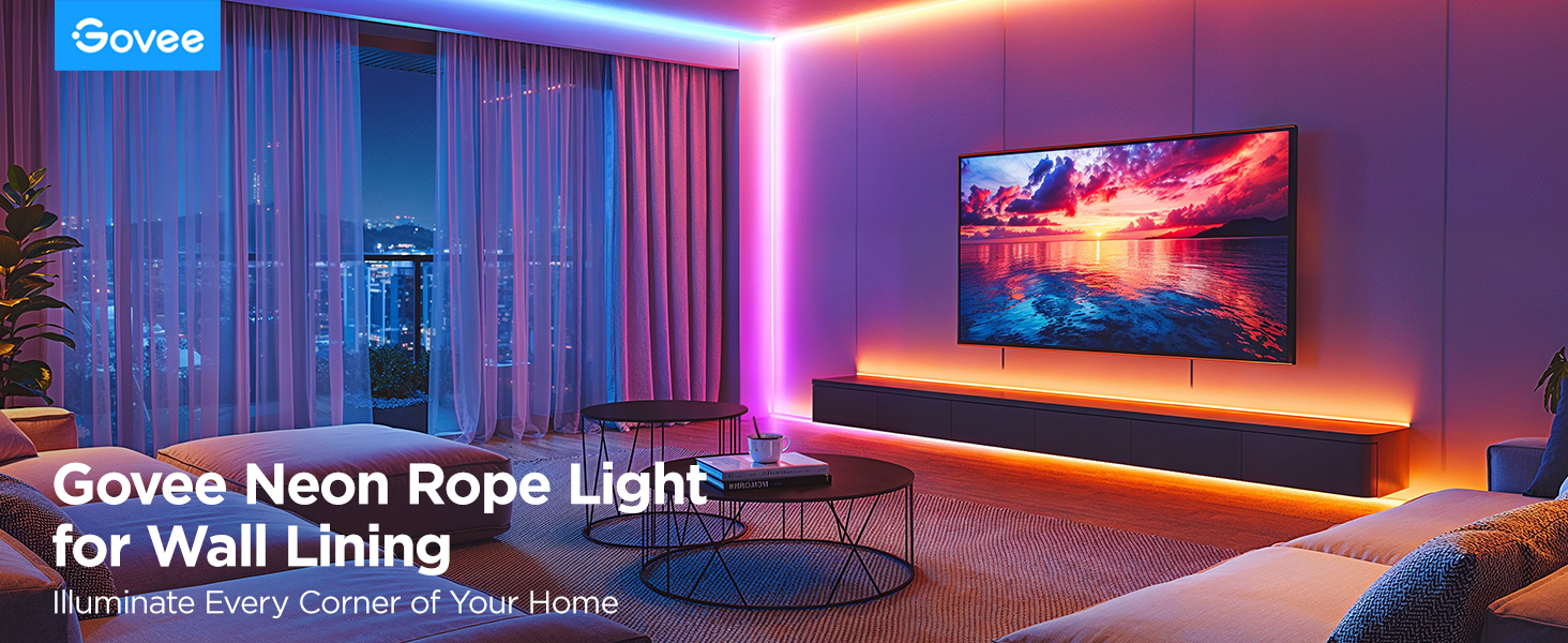 Wohnzimmer mit Neon-Seilleuchten an den Wänden. Fernseher an der Wand, Sofas und Couchtische.