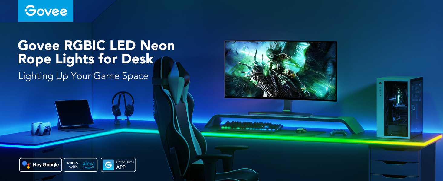 Gaming-Setup mit Schreibtisch, Neonlichtern, Computer, Stuhl und Zubehör, das eine lebendige Atmosphäre schafft.
