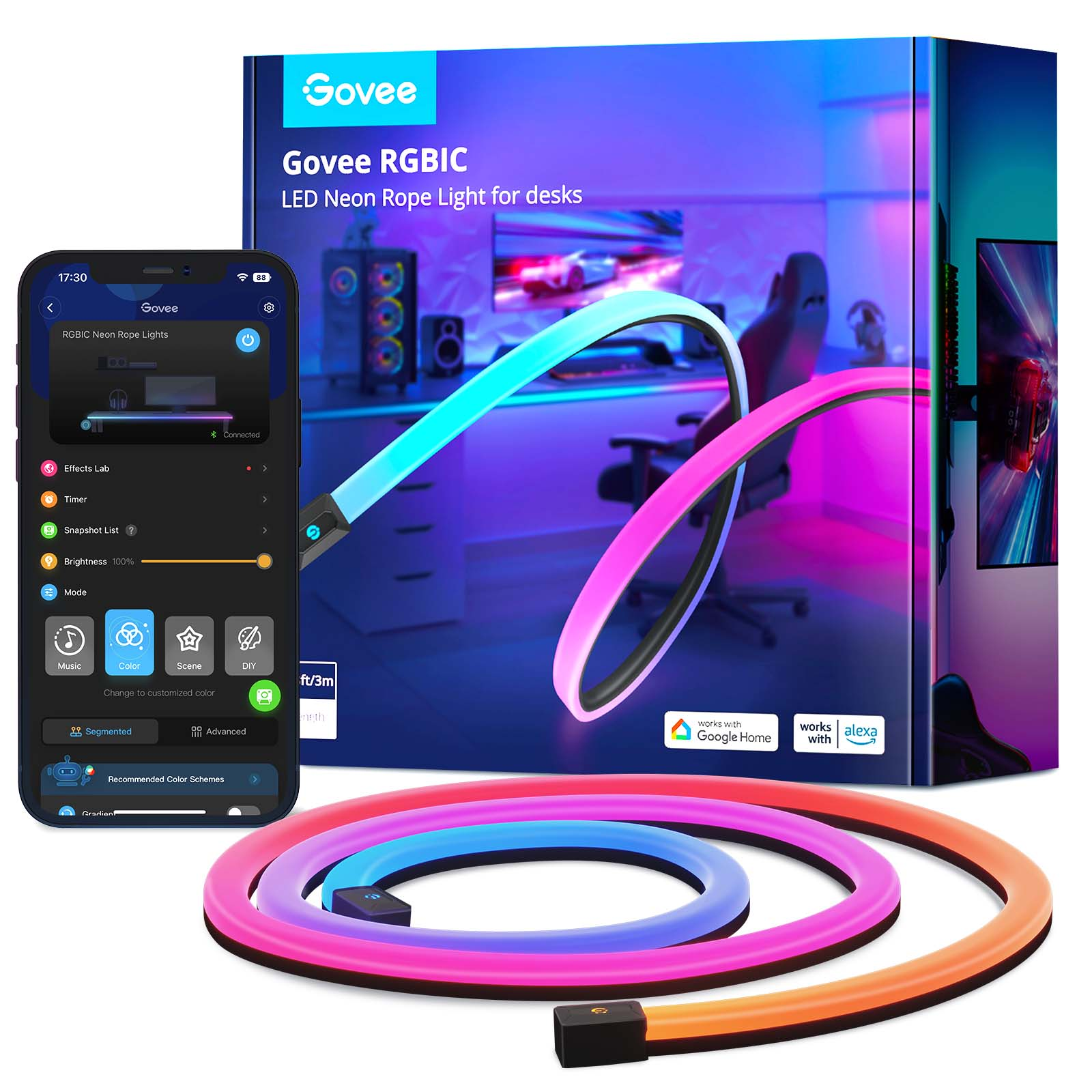 Govee RGBIC LED Neon-Seilleuchte für Schreibtische. Box, Telefon und Lichtaufbau mit Farben.