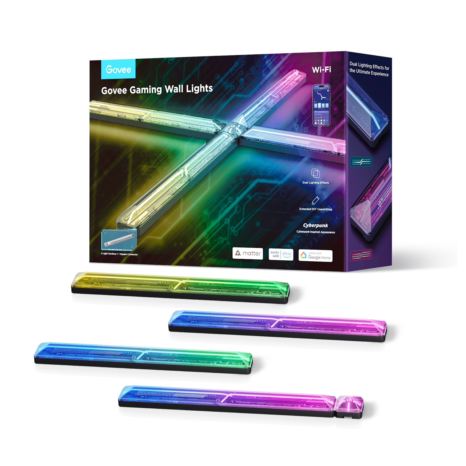 Box mit Govee Gaming Wandleuchten und vier Lichtern. Lichter sind mehrfarbig und kreuzförmig.
