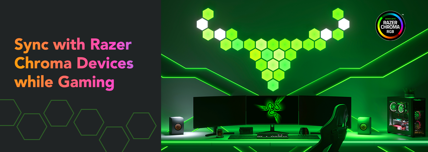 Gaming-Setup mit drei Monitoren, grüner RGB-Beleuchtung und Razer Chroma-Geräten. PC, Lautsprecher und Schreibtisch.
