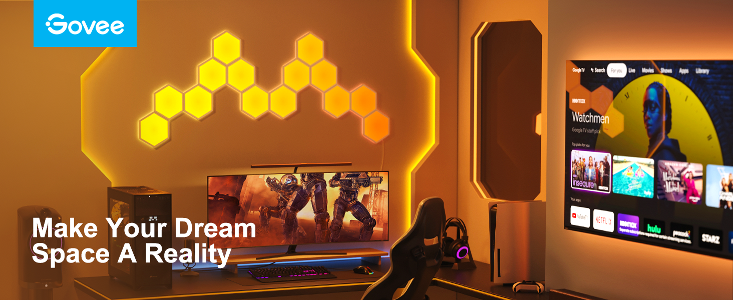 Ein modernes Gaming-Setup mit Govee-Leuchten, einem großen Bildschirm und Gaming-Zubehör.