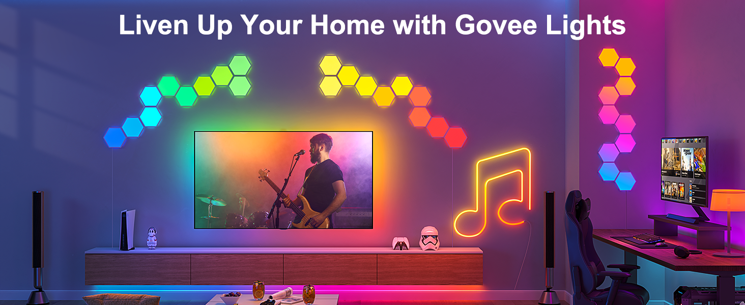 Home-Entertainment-Setup mit Govee-Lichtern, Fernseher, Musiknote und Gaming-Setup.