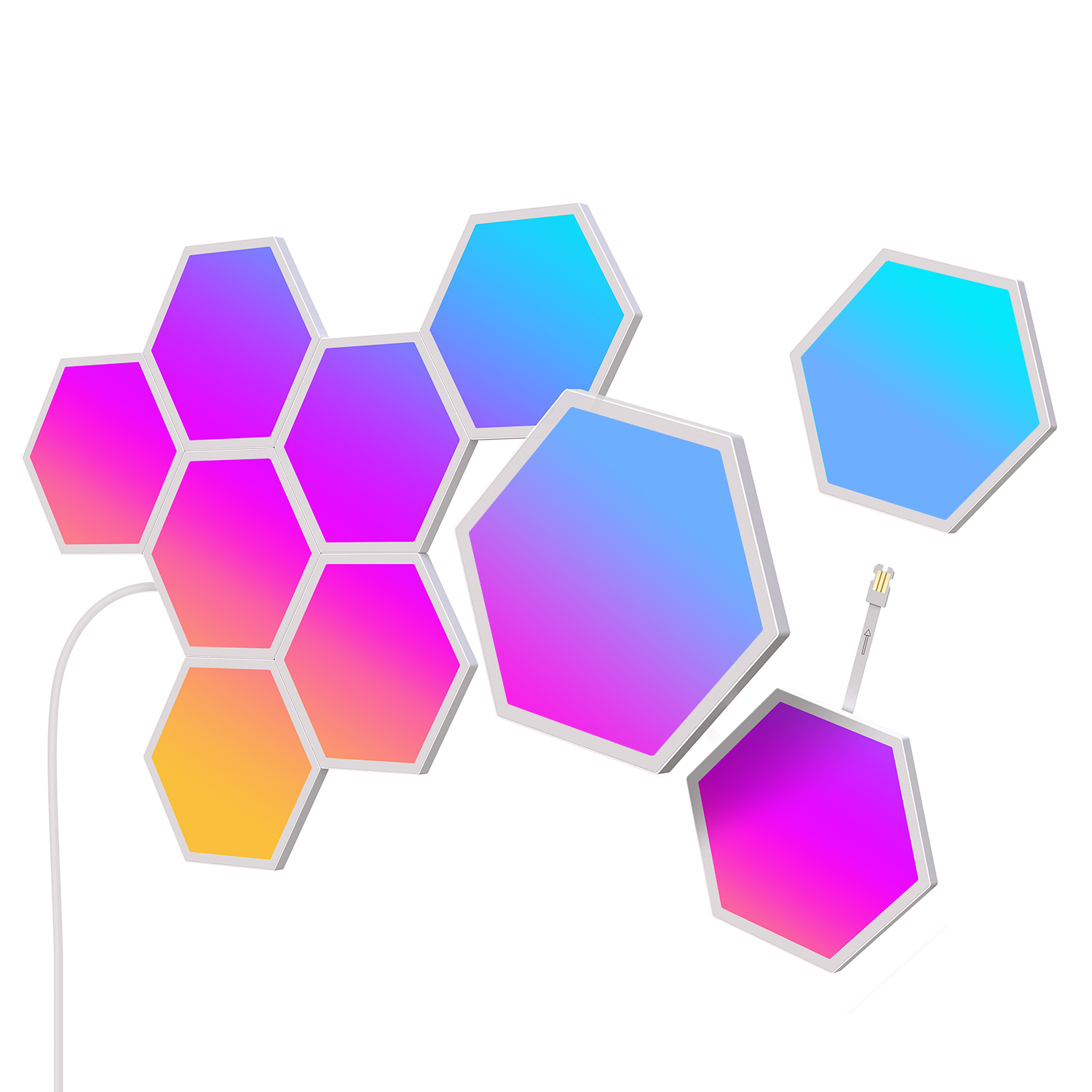Sechseckige Smart-Home-Leuchten mit Farbverlauf und Kabel.