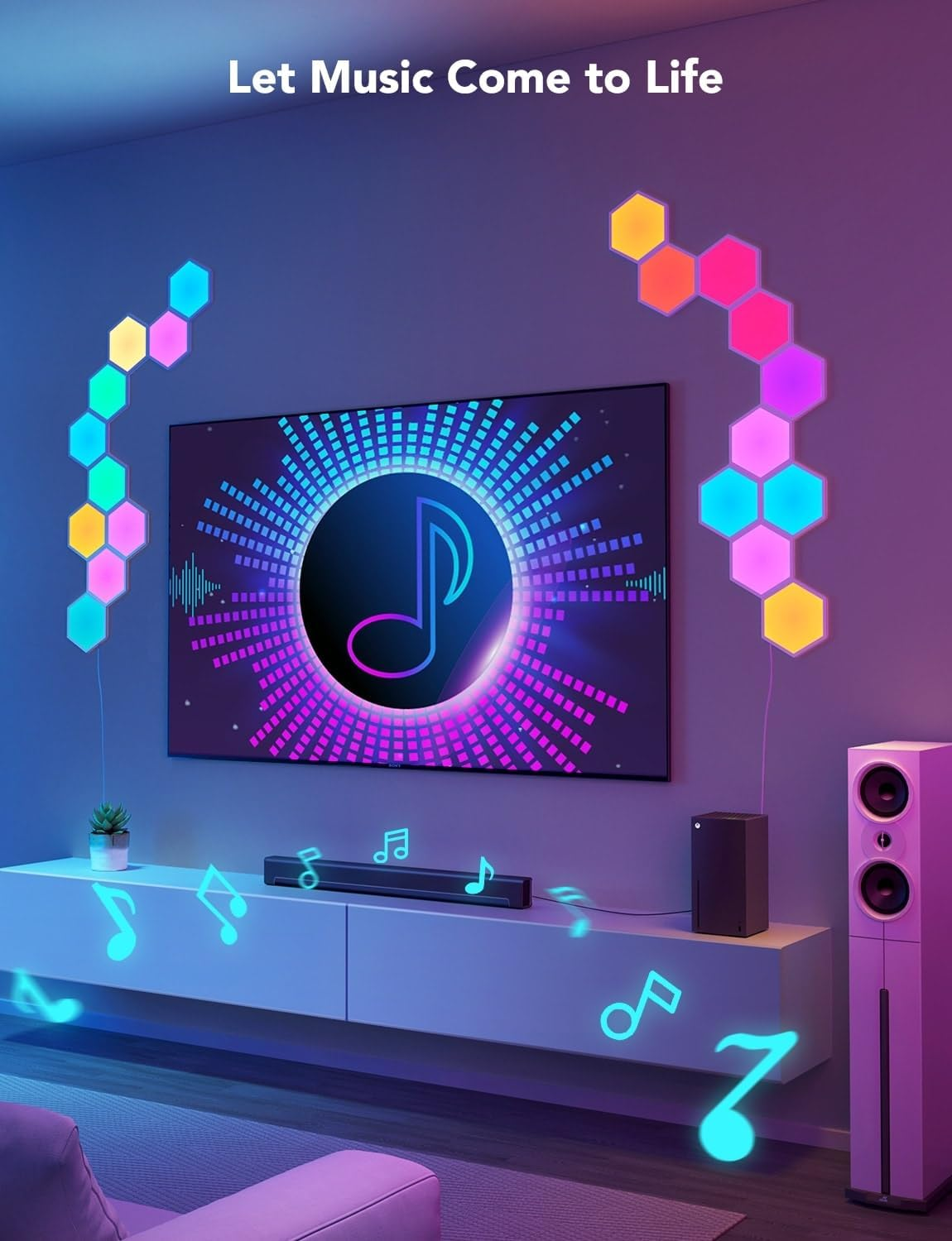 Wohnzimmer mit Fernseher, Noten und sechseckigen Lichtern. Soundbar und Lautsprecher. Lila und blaue Ambiente-Lichter.