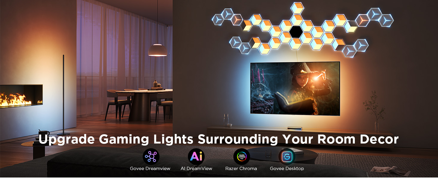Wohnzimmer mit Gaming-Lichtern um den Fernseher. Symbole für Govee Dreamview, AI DreamView, Razer Chroma und Govee Desktop.
