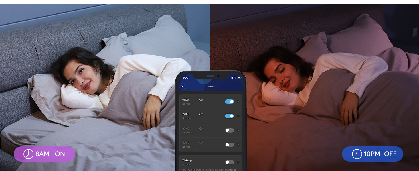 Frau im Bett, steuert Lichter mit Telefon. Szene wechselt von Tag zu Nacht.