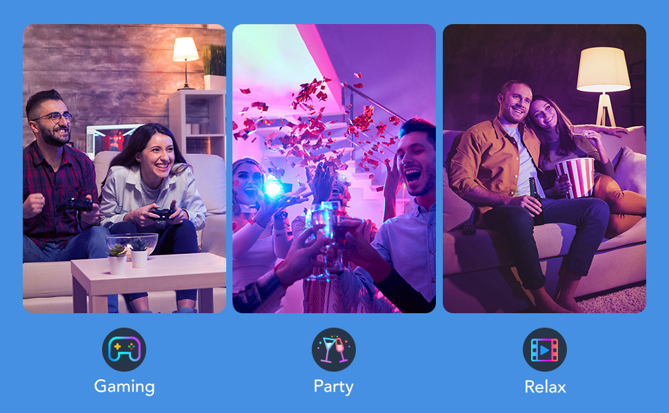 Drei Szenen: Gaming, Party und Entspannen. Jede Szene hat Menschen mit farbenfroher Beleuchtung.