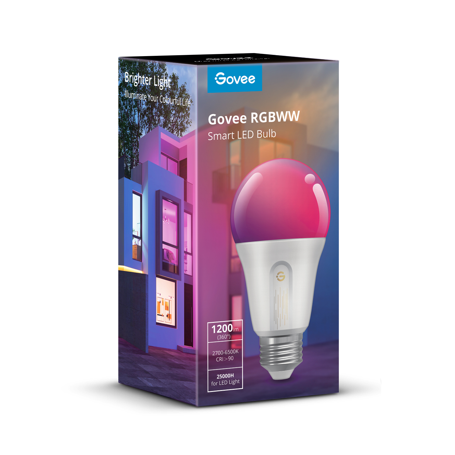 Smarte LED-Glühbirne in einer Box mit farbenfrohen Grafiken. Weißer Hintergrund.