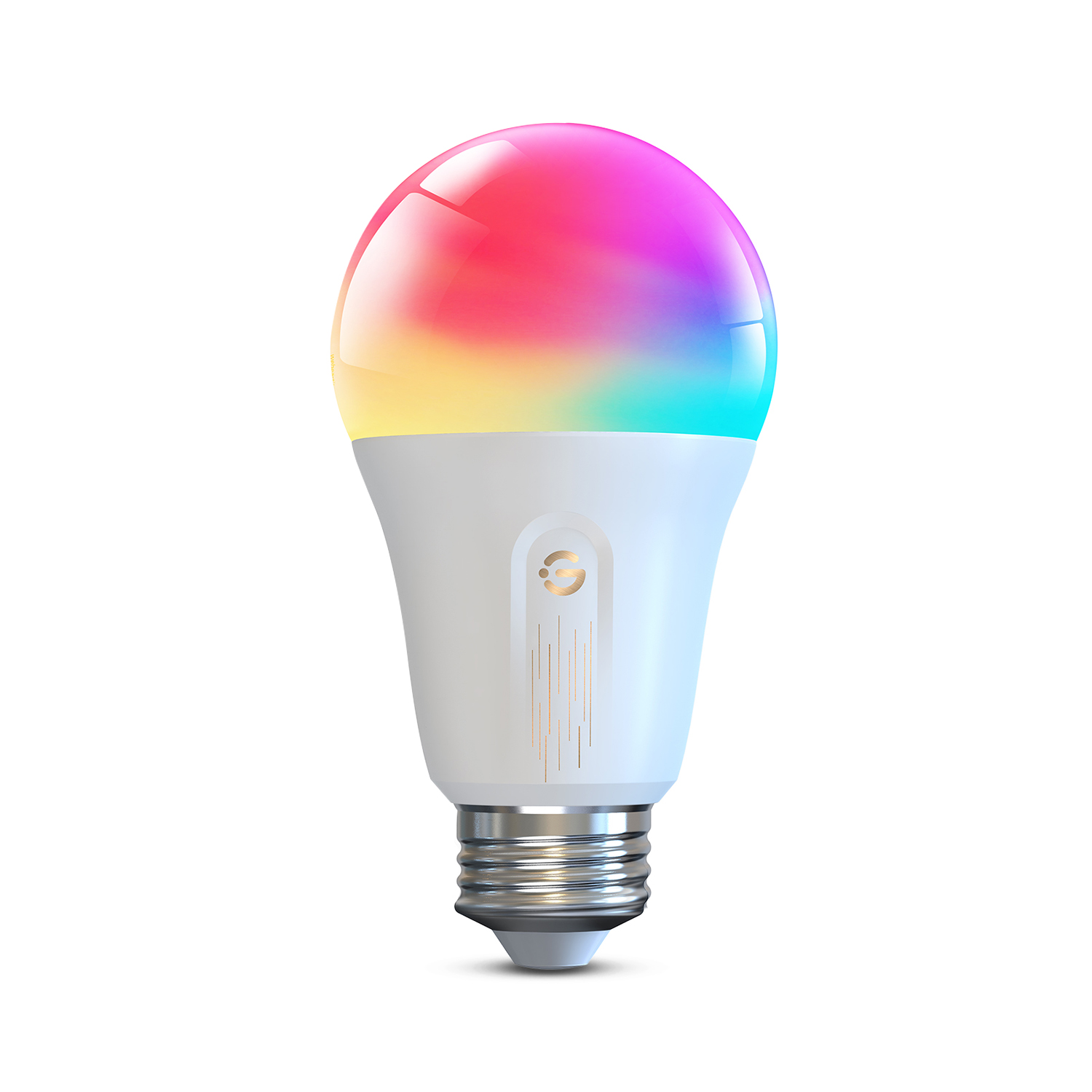 Eine weiße smarte Glühbirne mit buntem, regenbogenartigem Oberteil und silberner Basis.