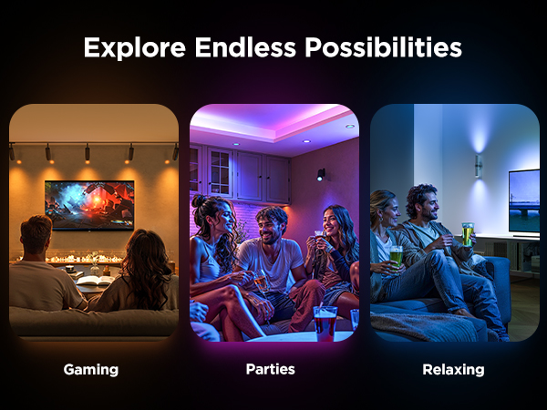 Ein Bild mit drei Abschnitten: Gaming, Partys und Entspannen, jeweils mit einer Szene von Menschen.
