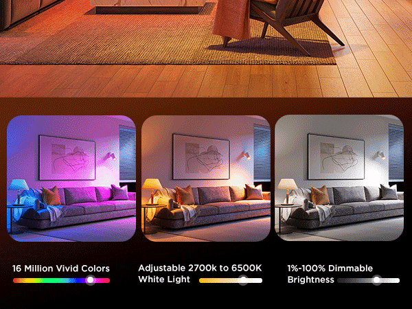 Wohnzimmer mit bunten Lichtern. Sofa, Teppich und Holzboden sind sichtbar. Drei Lichteinstellungen werden angezeigt.