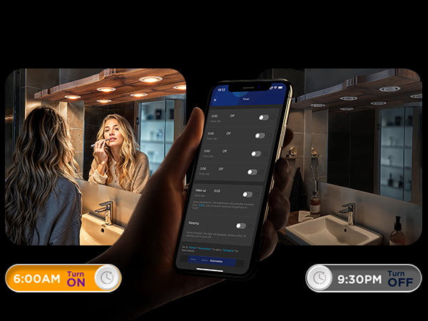 Eine Person, die ein Smartphone verwendet, um intelligente Lichter in einem Badezimmer zu steuern.
