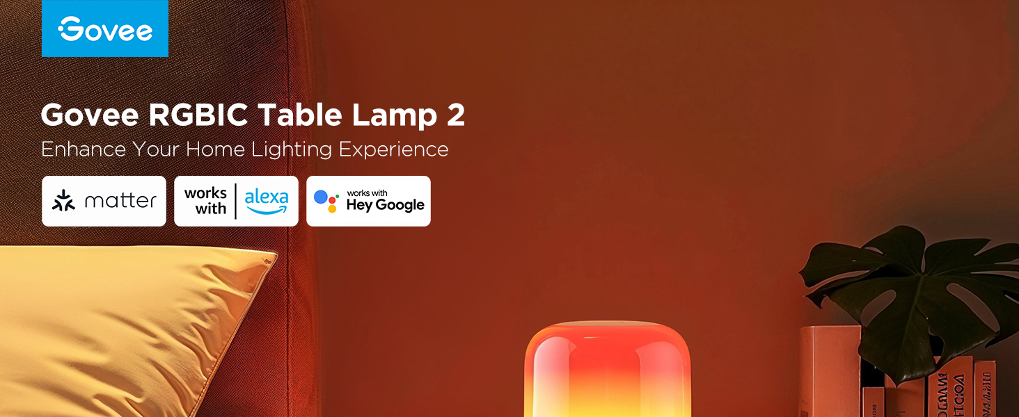 Tischlampe mit Farbverlauf und Text: 'Govee RGBIC Table Lamp 2'. Icons für Alexa, Matter und Google.