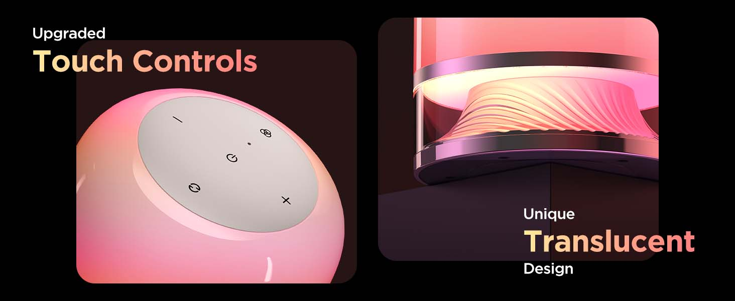 Rosa Lampe mit Touch-Bedienelementen und transparentem Design, vor dunklem Hintergrund.