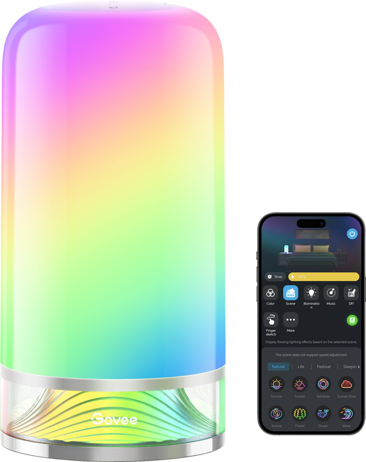 Eine intelligente Lampe, die einen Regenbogenverlauf anzeigt. Ein Telefon zeigt Steuerungsmöglichkeiten, einschließlich Lichteffekten. Die Lampe ist weiß.