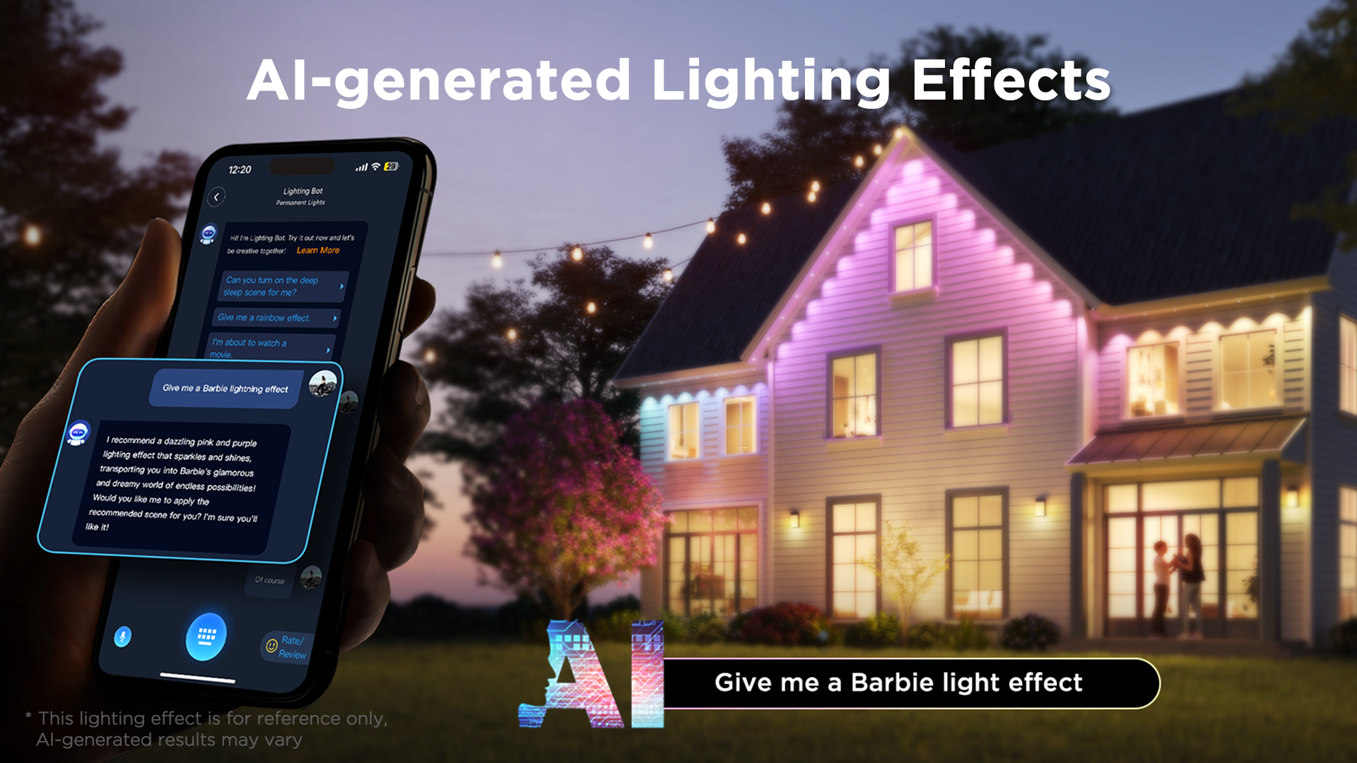 Ein Smartphone zeigt eine KI-Oberfläche zur Steuerung von Hauslichtern, mit Haus im Hintergrund.
