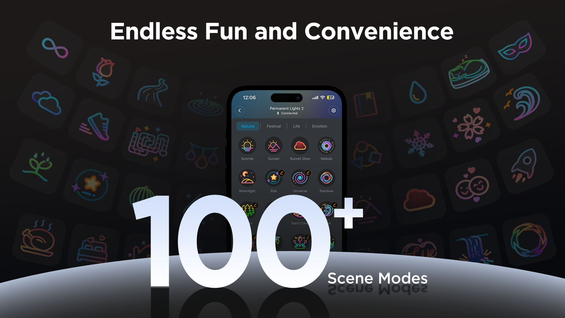 Ein Smartphone-Bildschirm zeigt verschiedene Szenenmodi mit Symbolen und der Text lautet 'Endless Fun and Convenience'.
