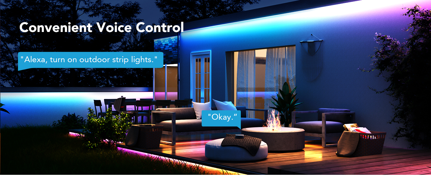 Smart Home Szene mit sprachgesteuerter Außenbeleuchtung.