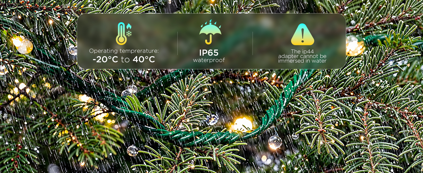 Weihnachtsbeleuchtung im Regen, mit Text, der Temperatur, Wasserdichtigkeit und Adapterhinweise angibt.