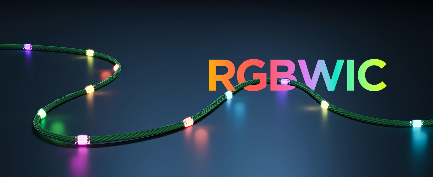 RGBWIC-Kabel mit bunten Lichtern und dem Wort RGBWIC in bunten Buchstaben.