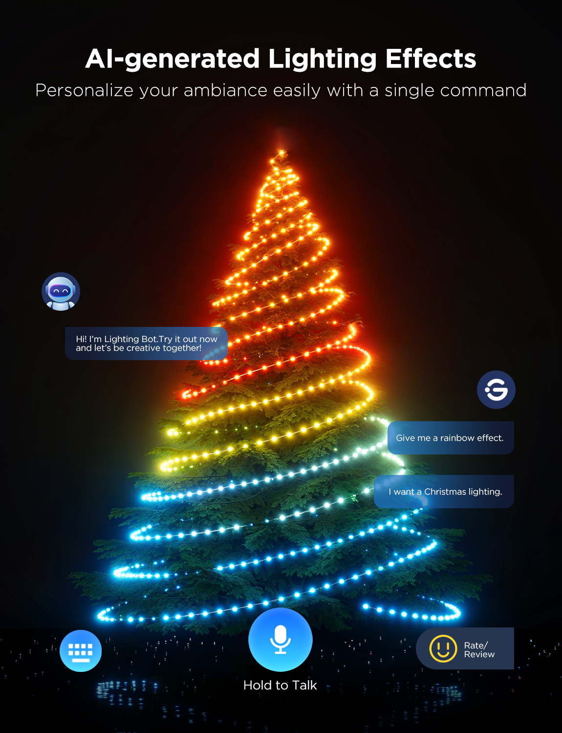 Weihnachtsbaum mit KI-generierten Lichteffekten, mit Steuerungssymbolen.